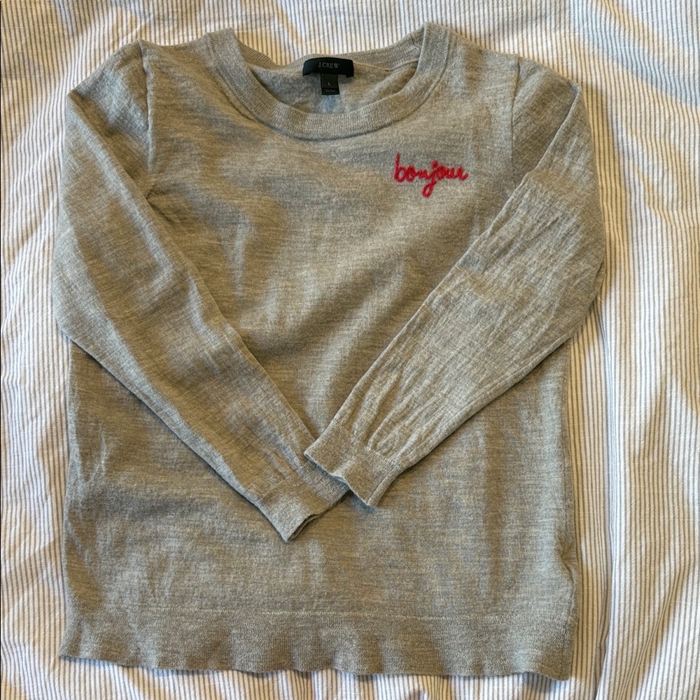 Gorgeous J. Crew Light Gray Crewneck Sweater with Red 'bonjour' Embroidery!!
